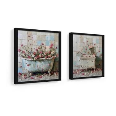 Imagem de Kit 2 quadros decorativos, banheiro, lavabo, flores afresco (Preto)