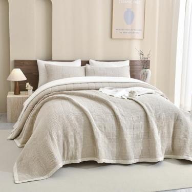 Imagem de CozyTide Colcha Queen 100% algodão 228,6 cm x 248,9 cm, 3 peças de colcha de cama de trama de waffle cáqui leve, luxuosa, feita de trigo, conjunto de colcha de cama ultramacia