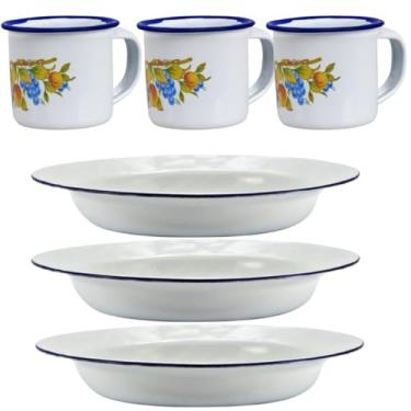 Imagem de Prato e Caneca Esmaltado Branco Kit Esmalte 3 pratos 3 canecas, 2 pratos 2 canecas, 1 prato 1 canecas Retro café chá (3, Branco Estampado)