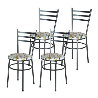 Imagem de Conjunto 4 Cadeiras Para Cozinha Epoxi Preta Craqueada Assento Floral Orquídea