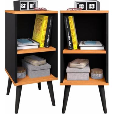 Imagem de Kit 2 Mesa de Cabeceira Retrô com Prateleira Para Quarto- Charme (Preto/Cinamomo)