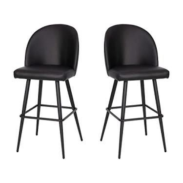 Imagem de Flash Furniture Banquetas de bar sem braço modernas de grau comercial Lyla – Estofamento macio de couro preto – banqueta de 76 cm – encosto contornado – estrutura de aço e apoio para os pés – conjunto com 2