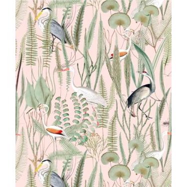 Imagem de Meihodan Papel de parede autoadesivo com folhas botânicas de animais tropicais boho papel de parede rosa claro removível para armários gavetas forro de prateleira