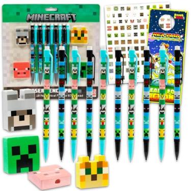 Imagem de Minecraft Conjunto de 10 lápis mecânicos para sala de aula – Pacote de material escolar com 10 lápis, 4 borrachas, mais adesivos, mais materiais escolares para crianças, meninos e meninas
