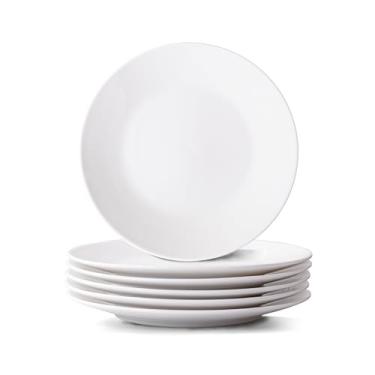 Imagem de YALONG Conjunto de 6 pratos de salada de 19 cm, pratos de jantar de cerâmica branca, pratos de aperitivo para cozinha e servir, pode ir ao micro-ondas e à lava-louças