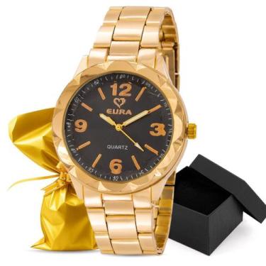 Imagem de Relógio Feminino Eura Metal Dourado Embalagem Presente, Preto