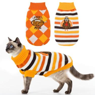 Imagem de ShuRung 2 peças, suéter temático de Ação de Graças, gato, gola rolê, listrado, tricô, estampa de futebol peru, roupas xadrez quentes para cães, suéter para gatinhos, filhotes, GG