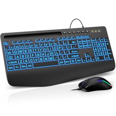 Imagem de Combo de teclado e mouse com fio – retroiluminado com impressão grande, descanso de pulso ergonômico, 6 DPI RGB para PC/Windows - ideal para idosos, estudantes, escritório e casa SABLUTE