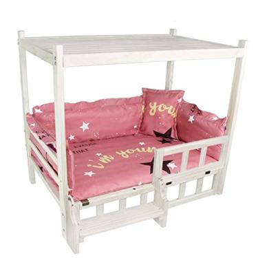 Imagem de TsoLay Cama para cachorro de 2 níveis elevada, cama de madeira para cães, mesa lateral para casa, prateleira de plataforma de armazenamento com roupa de cama lavável para cães médios e pequenos para