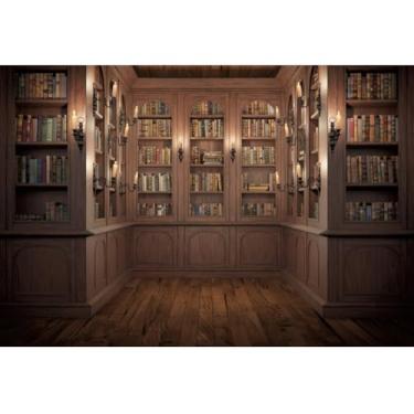 Imagem de Yeele Estante vintage de 3 x 2,4 m, cenário retro, biblioteca, armário de madeira, estante escolar, fundo fotográfico, para videoconferência, escritório, formatura, decoração, estúdio fotográfico