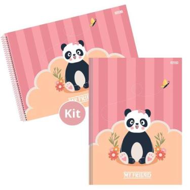 Imagem de Kit Caderno Urso Panda Brochura 80 Folhas e Desenho 60 Folhas Capa Dur