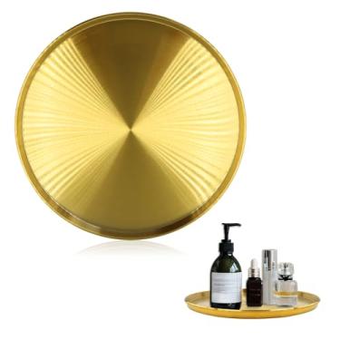 Imagem de Bandejas douradas para decoração, bandeja redonda de 29 cm, bandejas redondas de aço inoxidável para organizar joias, velas, maquiagem e exibir café, sobremesa, pastelaria (ouro, 1 pacote)