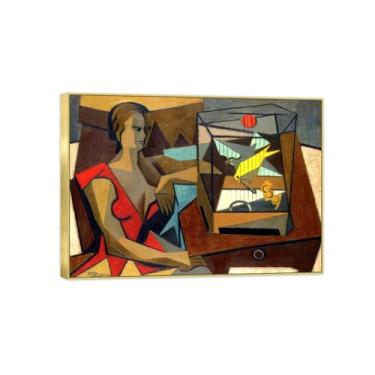 Imagem de Impressão em tela pintura famosa imagem de parede - mulher e gaiola de pássaro - pôster moldura dourada para sala de estar banheiro decoração de casa 50 x 70 cm 20 x 27 pol