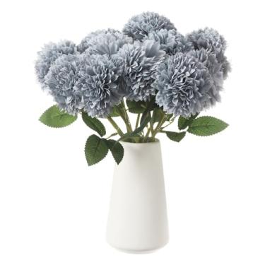 Imagem de HARFINGTON 12 peças de flores artificiais de crisântemo, flores artificiais de crisântemo, buquê de flores falsas de seda para decoração de festa de casamento, jardim e casa, azul celeste