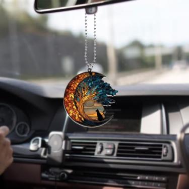 Imagem de Cata-sol de gato e lua para pendurar em janelas, acessórios de pendurar espelho de carro árvore da vida, vitral, gatos, carro, retrovisor, ornamento, presente de simpatia para perda de gatos