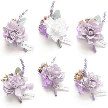 Imagem de Floroom Conjunto de 6 flores de rosa lilás roxas de espuma de lavanda com alfinetes para homens, casamento para noivos, padrinhos, cerimônias de casamento, aniversários, jantares formais, festas de
