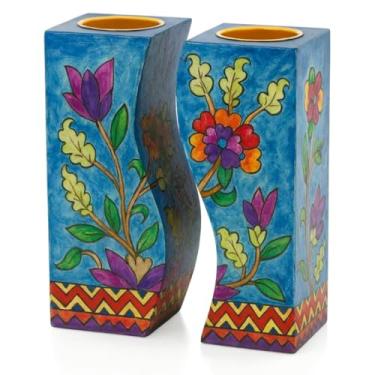 Imagem de Castiçal Yair Emanuel Shabat – Design Yin-Yang pintado à mão, varas de madeira florais com inserções de latão, presente judaica para Shabat, casamentos judaicos, feriados e decoração de casa – 10 cm