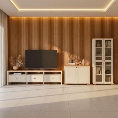 Imagem de Conjunto de Sala 3 Peças Rack, Cristaleira e Armário Madeira Maciça Ananda Cabecasa Madeiramadeira Off White/Mel