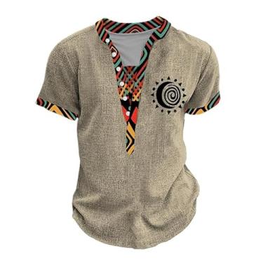 Imagem de Camisa Henley Desgastada Masculina Estilo Étnico Gola Botão Camiseta Vintage Distressed Motorcycle Biker Pullover Tops, Brown, S
