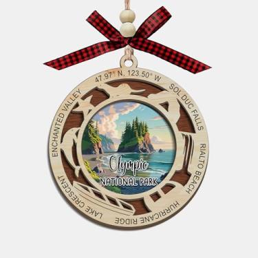 Imagem de Lerime66 Enfeite de Natal do Parque Nacional Olímpico, design de corte a laser de madeira de 2 camadas, decoração de árvore de férias, presente de lembrança de viagem, floresta tropical, geleira e