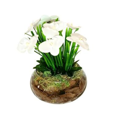 Imagem de Arranjo Decorativo De Orquideas Artificiais Em Silicone Realistas Com Vaso De Vidro Para salas quartos(Branca)