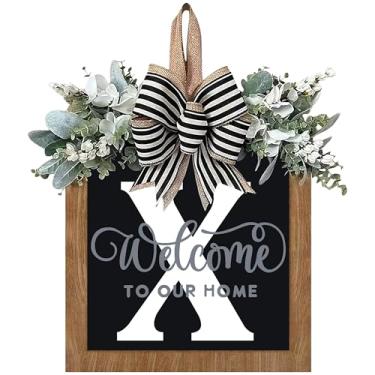 Imagem de Guirlanda de porta da frente com sobrenome de 35 cm, guirlanda de porta de boas-vindas com 26 letras para porta da frente externa, guirlanda de boas-vindas e eucalipto e laço adequado para todas as