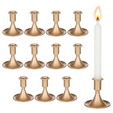Imagem de Conjunto de 12 castiçais dourados cônicos, castiçais finos curtos de metal, varas vintage pequenas de latão baixo para centros de mesa de centro de mesa, decoração de mesa de jantar de Natal