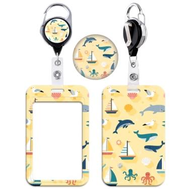 Imagem de BKBKAAK Lindo porta-crachá com carretel retrátil, porta-cartão de identificação com tema náutico, carretel de crachá de plástico durável com clipe para crianças, mulheres, professores, mecanismo