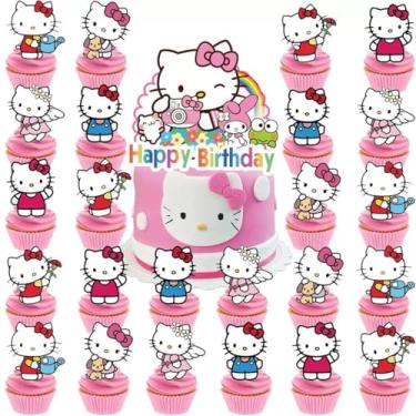 Imagem de 25pcs Cupcake Toppers with 1 Happy Birthday Cake Topper, Cute Anime Hello Pink Cat Themed Party Supplies, Perfect for Birthday Party Decorations (Style B)