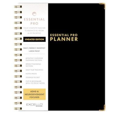 Imagem de ESSENTIAL PRO Agenda diária, semanal e mensal sem data, abas mensais, rastreamento diário, páginas de notas, bolso de armazenamento, marcador de página com notas adesivas (preto)