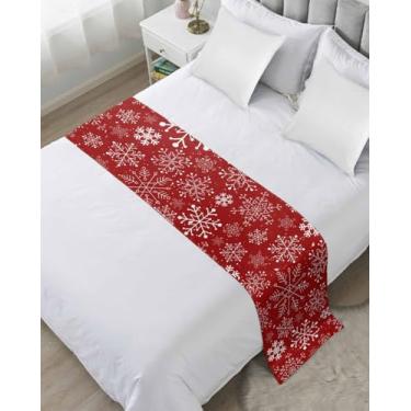 Imagem de DecorLovee Passadeiras de cama de Natal com floco de neve vermelho para cama king size, mantas decorativas para os pés da cama, flocos de neve de Natal, vermelho, corredor, sofá, lenço, protetor para