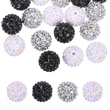 Imagem de PATIKIL Contas de strass de resina de 20 mm para caneta com contas, pacote com 30 bolas de discoteca brilhantes em pedaços redondos de chiclete para chaveiros com contas, branco/preto/prata