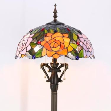 Imagem de AVIVADIRECT Tiffany Abajur De Chão Laranja Rosa Vermelha Flores Vitral Luz De Leitura De Pé 16X16X66 Polegadas Abajur De Canto Antigo Decoração Quarto Sala De Estar