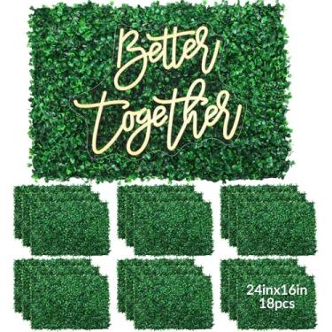 Imagem de Juinte 18 painéis de buxo artificial de parede de fundo de grama artificial de 61 cm x 40 cm e placa neon de 42 x 32 cm com interruptor regulável para decoração de parede, decoração de festa de fundo