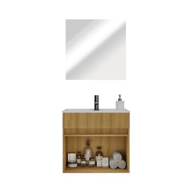 Imagem de Armário Conjunto de Banheiro Suspenso com Gabinete, Lavatório e Espelheira inclusos, Cor Lâmina Mel, Design Moderno, Amplo Espaço Interno, Estrutura em MDP, Ideal para Banheiros Compactos – Ozini
