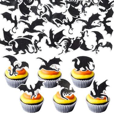 Imagem de Ephlyn 54Pcs Edible Dragon Cupcake Toppers Wafer Paper Fantasy Cool Dragon Party Cake Decorations Edible Cake Toppers for Dragon Theme Baby Shower Birthday Party Decorations Supplies Black