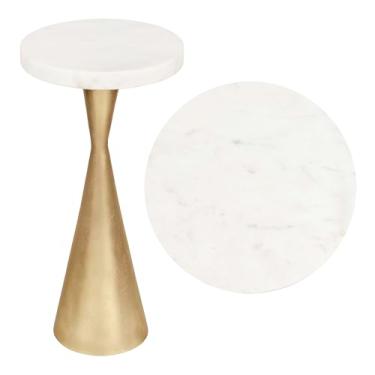 Imagem de JONATHAN Y END4003C Ziggy Mesa de bebida de metal de designer contemporâneo de 56 cm e mesa de canto decorativa com topo redondo de mármore branco e base de pedestal em cone para sala de estar, quarto