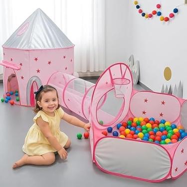Imagem de Barraca Infantil 3 em 1 com Túnel e Piscina de Bolinhas | Tenda Dobrável para Crianças Menino e Menina | Diversão e Aprendizado em Casa ou ao Ar Livre (Rosa Foguete)