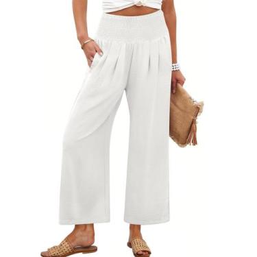 Imagem de Calças femininas Palazzo ANRABESS, pernas largas, cintura alta, branca
