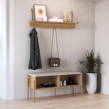 Imagem de Conjunto Sapateira Banco Estofada e Prateleira Pé Metal Oslo Hanover/Dourado