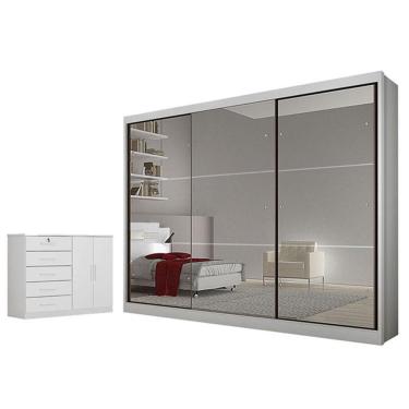 Imagem de Guarda Roupa Casal Atlanta Seul 3 Portas 4 Gavetas com Espelho em MDF Moderno Neve