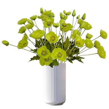 Imagem de ATFL Flores de papoula verdes artificiais, 12 peças de papoula de seda, flores falsas de papoula, papoulas falsas a granel para decoração de casa, mesa central, arranjo floral, buquê de papoulas para