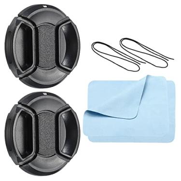 Imagem de Tampa da lente da câmera, pacote com 2 tampas de lente frontal com cordão de tampa/pano de limpeza de microfibra para lentes DSLR universais de rosca de 49 mm para Nikon, para Fujifilm, para Pentax