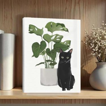 Imagem de Arte de parede emoldurada botânica de gato fofo, folhas verdes, plantas, boho, arte de parede, pinturas, decoração de parede, presentes exclusivos e amantes de gatos, imagem para sala de jantar, sala
