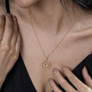 Imagem de Colar de strass com inicial A-Z - Joias delicadas com pingente circular com corrente ajustável, colar de alfabeto personalizado para mulheres,, F, Aço inoxidável, Sem Pedra Preciosa