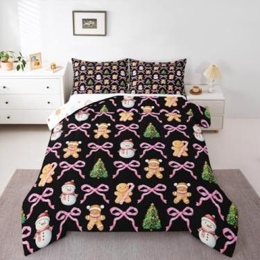 Imagem de Feelyou Conjunto de edredom de Natal preto para crianças, solteiro, laço rosa, fofo, pão de gengibre, para meninos, meninas, adolescentes, árvore de Natal, boneco de neve, inverno, férias, edredom