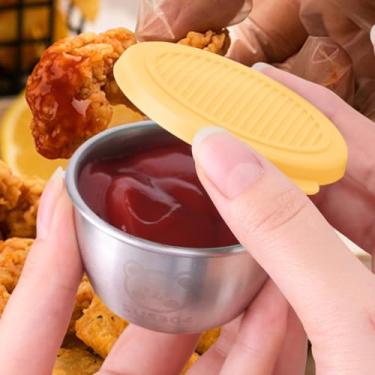 Imagem de Copos de molho de salada de aço inoxidável de 68 g com tampas à prova de vazamento, recipientes de molho reutilizáveis para lancheira, viagem, piqueniques e armazenamento de cozinha (amarelo, 6 x 6 x