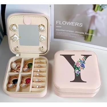 Imagem de Caixa de joias de viagem rosa com inicial personalizada, pequena caixa organizadora de joias para mulheres, presente de viagem com inicial "Y" - rosa