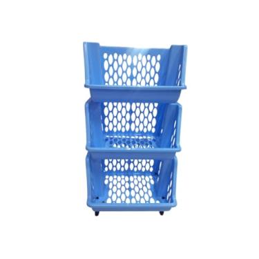 Imagem de Cesto Organizador Multiuso com Rodinhas 2 3 ou 4 Andares – Empilhável e Durável para Cozinha Banheiro e Lavanderia(triplo azul)