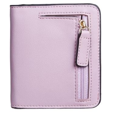 Imagem de Carteira pequena para mulheres, porta-cartão de crédito dobrável compacto, fina com bloqueio de RFID, carteira preta, carteira de couro fino com zíper para presente para mulheres, Roxa, Bonito